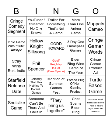 The Game Awards Bingo Card