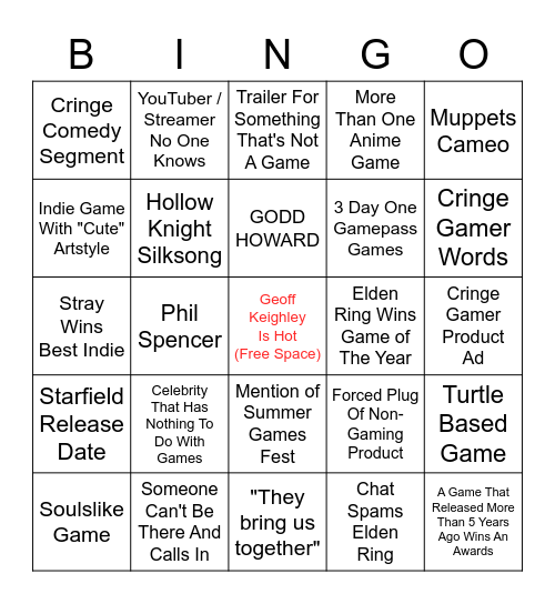 The Game Awards Bingo Card