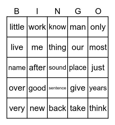 101-125 FRY WORDS Bingo Card