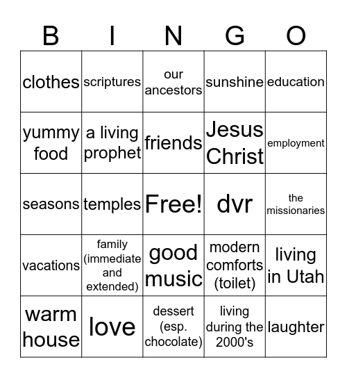 gratitude Bingo Card