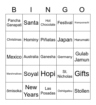 International Holiday Bingo Card