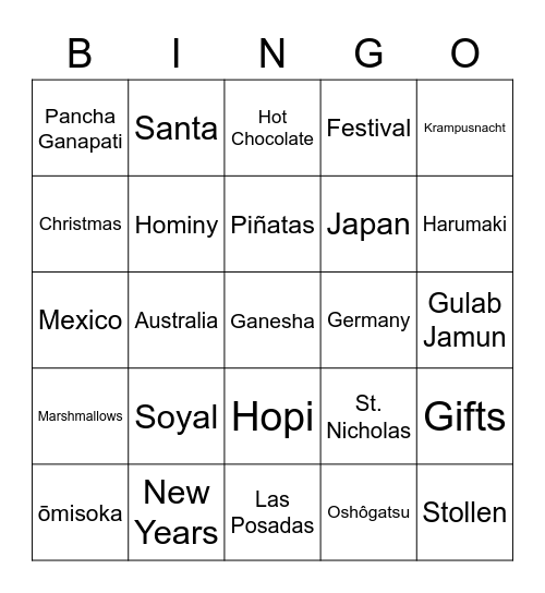 International Holiday Bingo Card