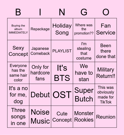 Kpop Comeback Nonsense Bingo Card