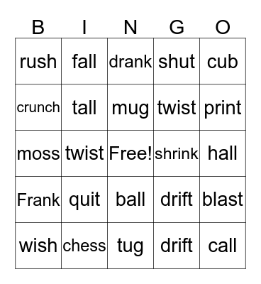 Vocabulary Bingo Card