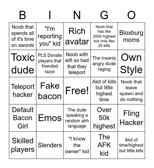 Steal Time and Kill Others Bingo Card