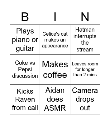 Aidan Live Stream Bingo Card