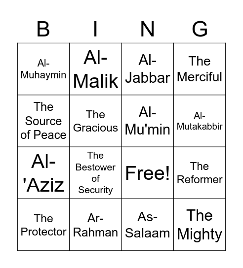 Attributes of Allah Bingo Card