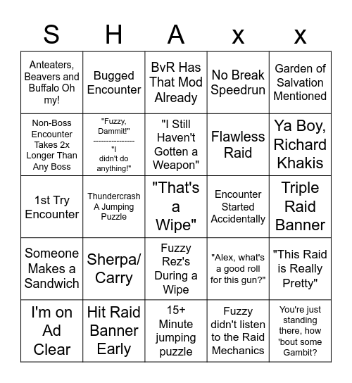 Thots for Shaxx Raid Bingo Card
