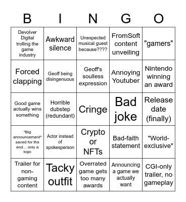 Game Awards Bingo Card