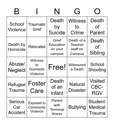 Trauma Bingo Card