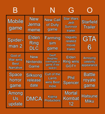 The Game Awards 2022 Bingo Card