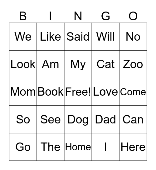 Sight words Bingo Card
