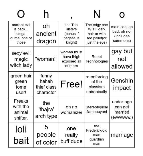 Fire Emblem Engage oh no bingo Card