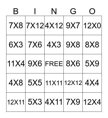 Multiplication Bingo Card