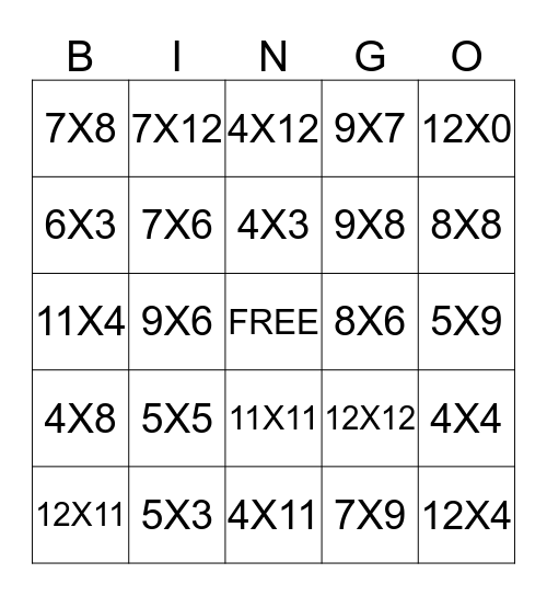 Multiplication Bingo Card