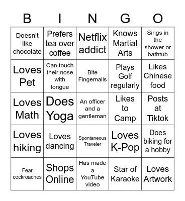 GETTING TO KNOW YOU Bingo Card