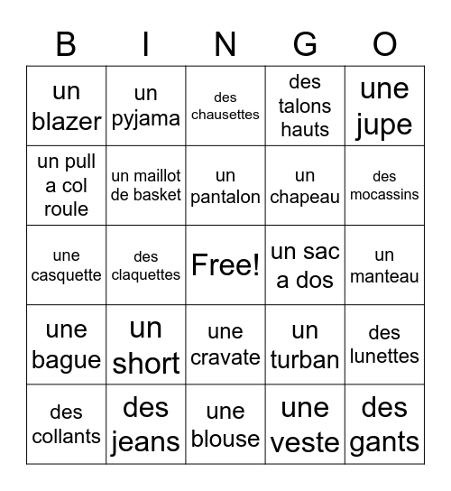 Les vetements Bingo Card