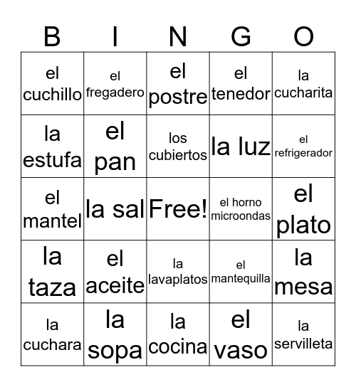 En la cocina Bingo Card
