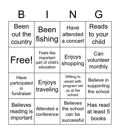 Parent Involvment Bingo Card