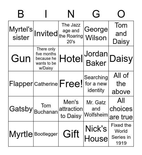 Great Gatsby Bingo Card