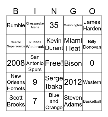 Thunder Bingo Card