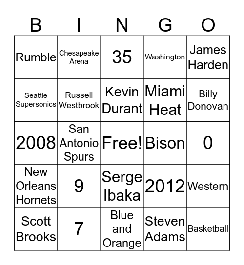 Thunder Bingo Card