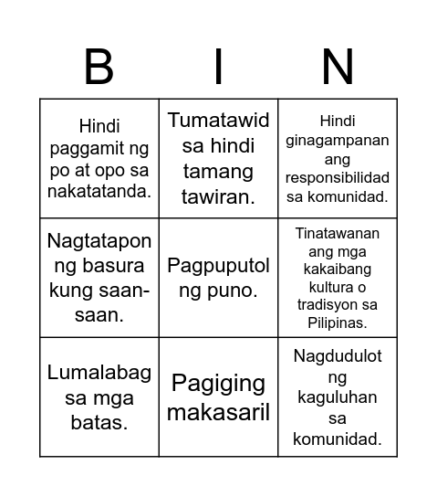 Paglabag sa Pagmamahal sa bayan Bingo Card