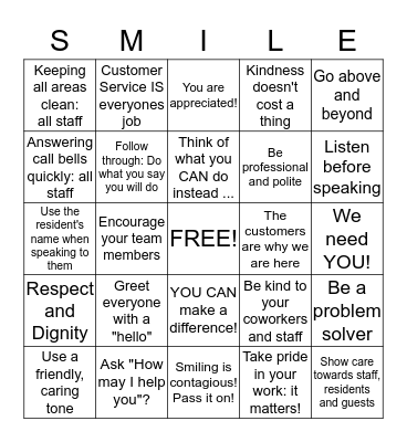 Hillside Customer Service "Smile" Bingo Card