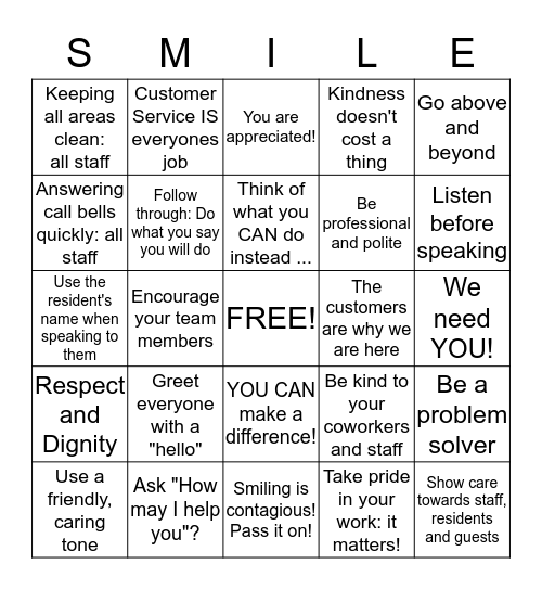 Hillside Customer Service "Smile" Bingo Card