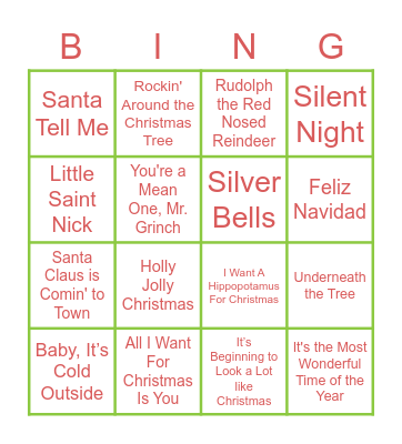 Holiday Song Bingo Card