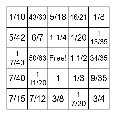 Fraction Bingo Card