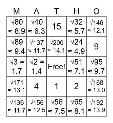 Pythagorean Theorem Bingo Card