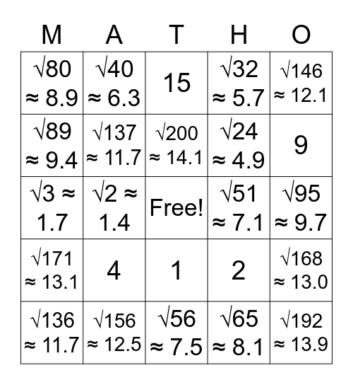 Pythagorean Theorem Bingo Card