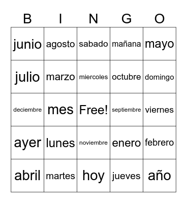 Los meses del año y días de la semana Bingo Card
