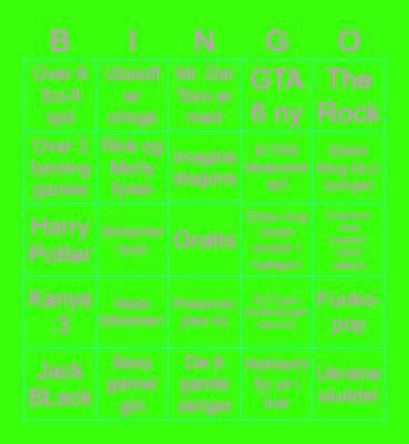 Game awards 2022 Bingo Card