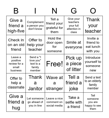 Student Council Acts of Kindness bingo Card