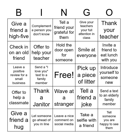 Student Council Acts of Kindness bingo Card
