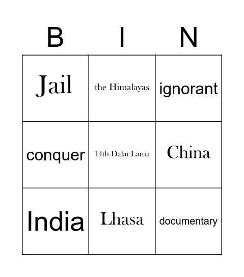 Seven Years In Tibet Bingo Card