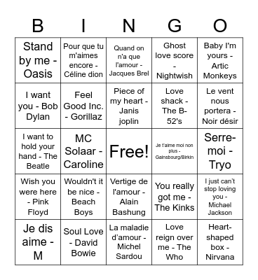 Bingo musical de la kitschitude amoureuse Bingo Card
