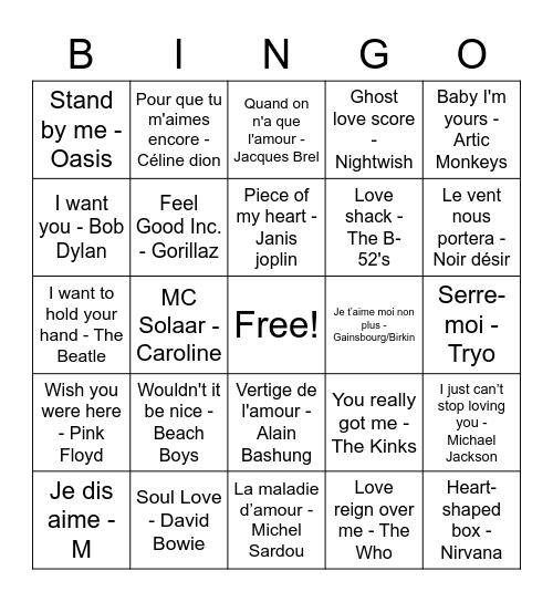 Bingo musical de la kitschitude amoureuse Bingo Card