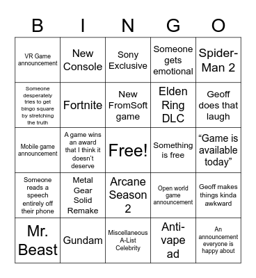 Game Awards 2022 Bingo Card