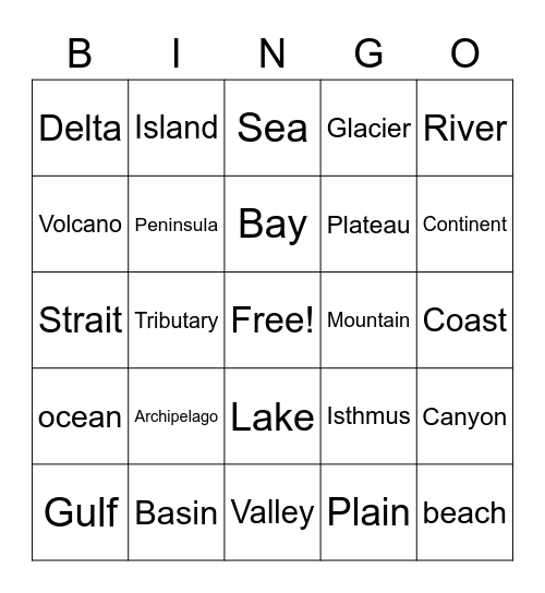 Physical Features Bingo Card