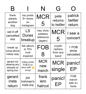 Bandom 2023 Bingo Card