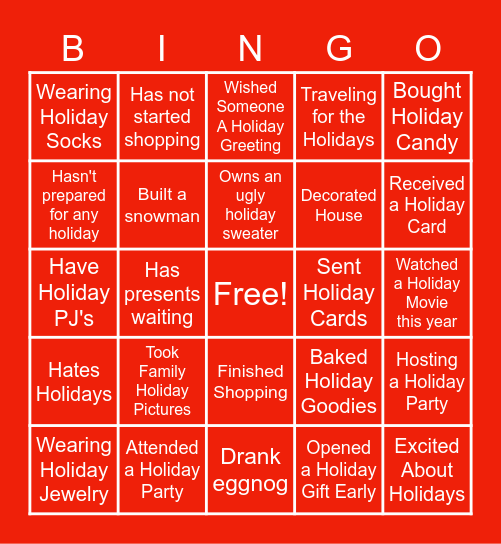 Holiday Fun Bingo Card