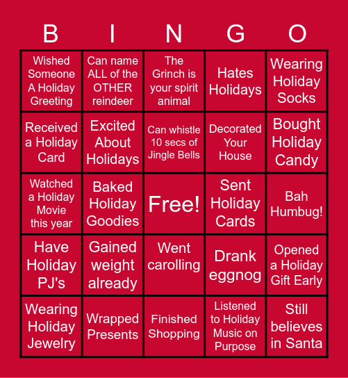 Holiday Fun Bingo Card