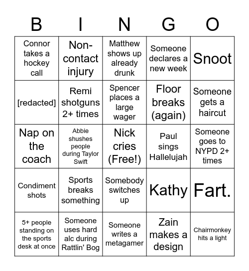 Last Night of Production! Bingo Card