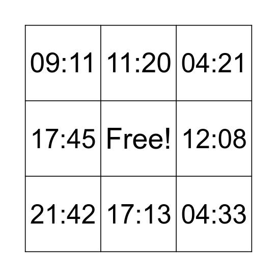 Telling Time Bingo Card