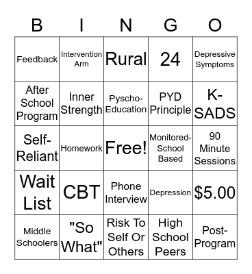 Depression Prevention among Rural Preadolescent Girls  Bingo Card