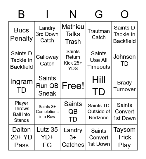 Saints v Bucs Bingo Card