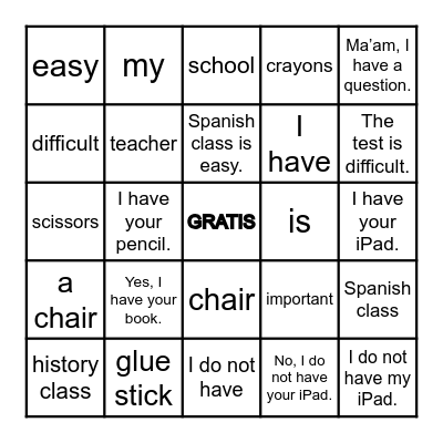 5th and 6th Grade- Classroom Items Bingo Card